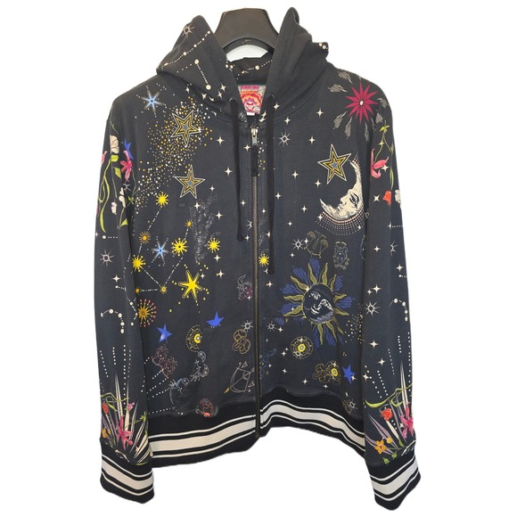 Johnny Was Tops - Johnny Was Celestial Sun Moon Star Zodiac Zip Up Hoodie Black XL T40822-9